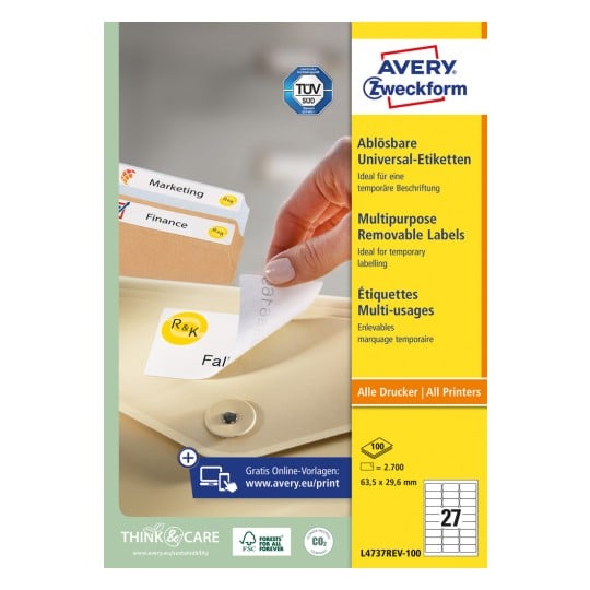 Packungsabbildung: Avery Zweckform Universal-Etiketten, ablösbar, Artikel:  L4737REV-100, Format: 63,5 x 29,6 mm, Druckereignung: Inkjet,Laser s/w,Farblaser, Inhalt: 2.700 Etiketten / 100 Bögen, 27 Etiketten/Bogen
