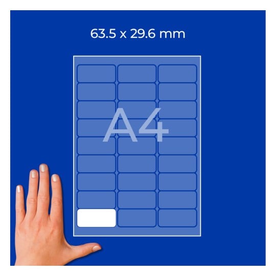 A4-Etikettenblattdiagramm mit Etiketten im Format 63,5 × 29,6 mm und einer linken Hand als Maßstab?