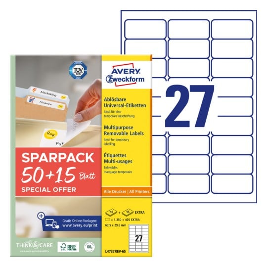 Packungsabbildung mit Etikettenbogen: Avery Zweckform Universal-Etiketten, Artikel: L4737REV-65, Format: 63,5 x 29,6 mm, Druckereignung: Inkjet,Laser s/w,Farblaser, Inhalt: 1.755 Etiketten / 65 Bögen, 27 Etiketten/Bogen