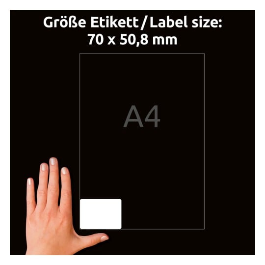 Größenvergleich mit Hand, Artikel: L4738REV-25, ein Bogen Etiketten für Disketten, Format: 70 x 50,8 mm, Farbe: Weiß