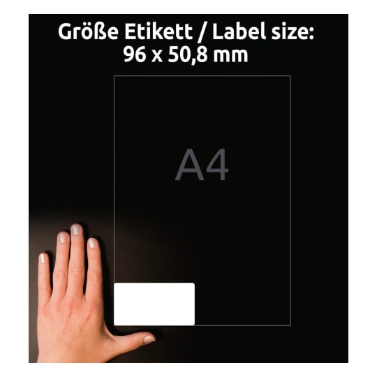 Größenvergleich mit Hand, Artikel: L4744REV-10, ein Bogen Etiketten, ablösbar, Home Office, Kleinpackung, Format: 96 x 50,8 mm, Farbe: Weiß