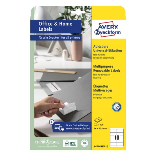 Packungsabbildung: Avery Zweckform Universal-Etiketten, ablösbar, Artikel:  L4744REV-10, Format: 96 x 50,8 mm, Druckereignung: Inkjet,Laser s/w,Farblaser, Inhalt: 100 Etiketten / 10 Bögen, 10 Etiketten/Bogen