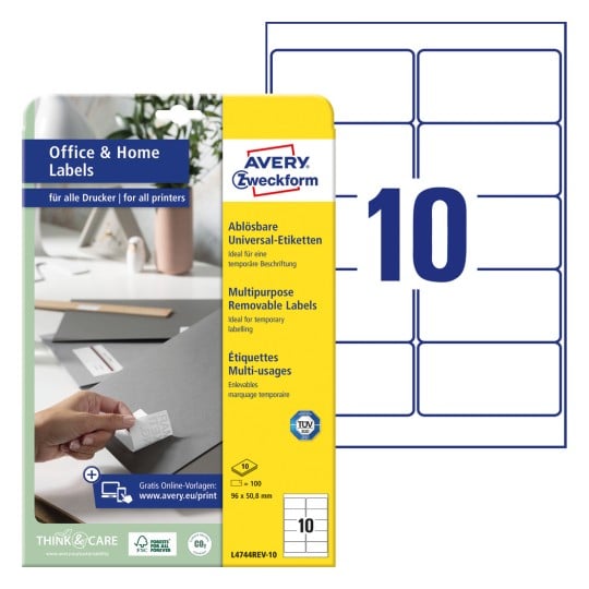 Packungsabbildung mit Etikettenbogen: Avery Zweckform Etiketten, ablösbar, Home Office, Kleinpackung, Artikel: L4744REV-10, Format: 96 x 50,8 mm, Druckereignung: Inkjet,Laser s/w,Farblaser, Inhalt: 100 Etiketten / 10 Bögen, 10 Etiketten/Bogen