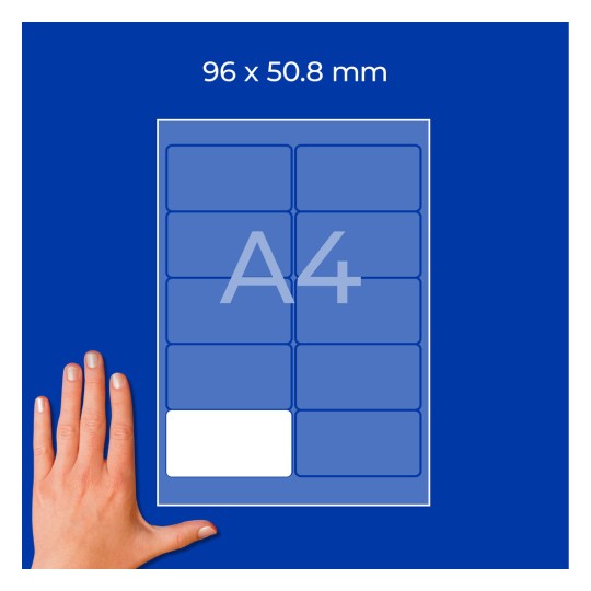 A4-Blatt-Mockup mit 96 × 50,8 mm Etikettenraster und einer Hand unten links?