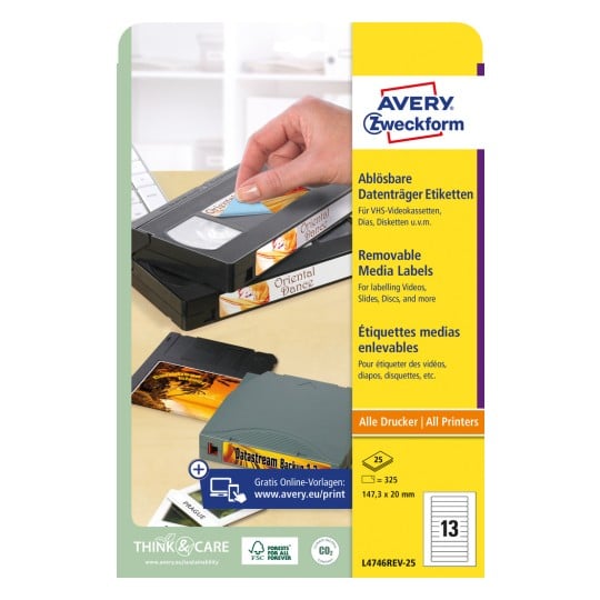 Packungsabbildung: Avery Zweckform Weitere Datenträger-Etiketten, Artikel:  L4746REV-25, Format: 147,3 x 20 mm, Druckereignung: Inkjet,Laser s/w,Farblaser, Inhalt: 325 Etiketten / 25 Bögen, 13 Etiketten/Bogen