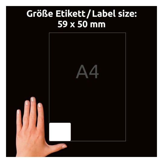 Das Bild zeigt eine Hand, die eine Größenangabe eines Etiketts hält, mit den Maßen 59 x 50 mm, vor einem dunklen Hintergrund. Das Etikett ist auf einem A4-großen Papier platziert.