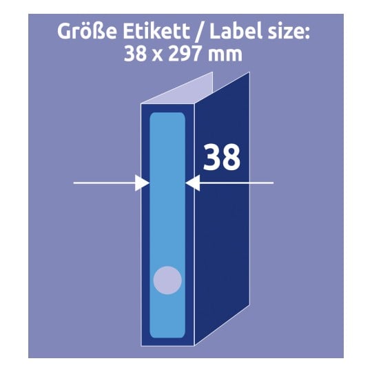 Größenvergleich mit Hand, Artikel: L4749-20, ein Bogen Ordner-Etiketten, Format: 38 x 297 mm, Farbe: Blau