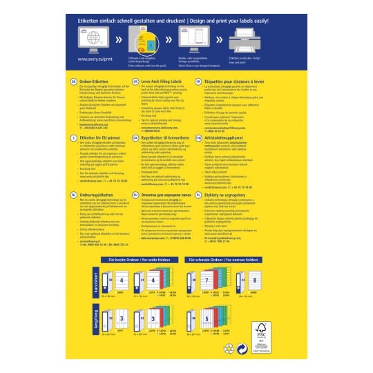 Ein Informationsdiagramm von Avery, das Gestaltungs- und Druckoptionen für Etiketten in mehreren Sprachen beschreibt. Es enthält verschiedene Arten von Etiketten, Drucktipps und Kontaktinformationen.