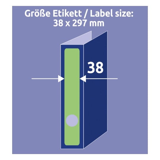 Das Bild zeigt eine Etikettengröße von 38 x 297 mm mit einem blauen Hintergrund und enthält Maßangaben für das Etikett.