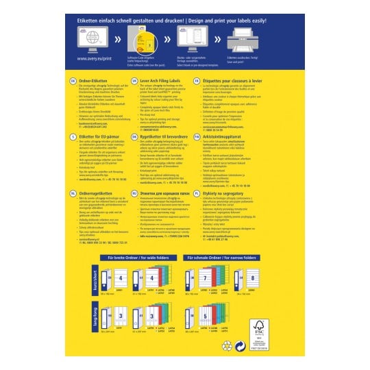 Das Bild zeigt Informationen zum Entwerfen und Drucken von Etiketten. Es enthält verschiedene Tipps und Features zu verschiedenen Arten von Etiketten für Dateien und Ordner in mehreren Sprachen. Es gibt auch visuelle Beispiele, die Etikettengrößen und Produkte für breite und schmale Ordner zeigen.