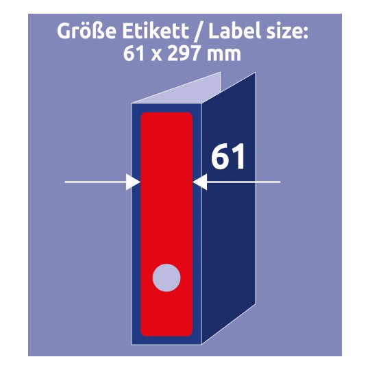 Das Bild zeigt eine Illustration einer Etikettengröße mit den Maßen 61 x 297 mm, die neben einem Ordner dargestellt wird. Das Etikett ist rot und der Ordner ist blau. Der Hintergrund ist helllila.