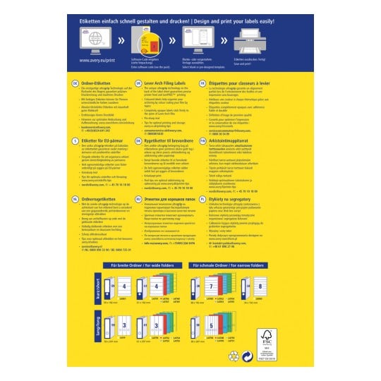 Das Bild zeigt einen Werbeflyer für Avery-Etiketten, der beschreibt, wie man Etiketten einfach gestalten und drucken kann. Es sind verschiedene Arten von Etiketten für unterschiedliche Ordnergrößen enthalten, zusammen mit mehrsprachigen Anleitungen.