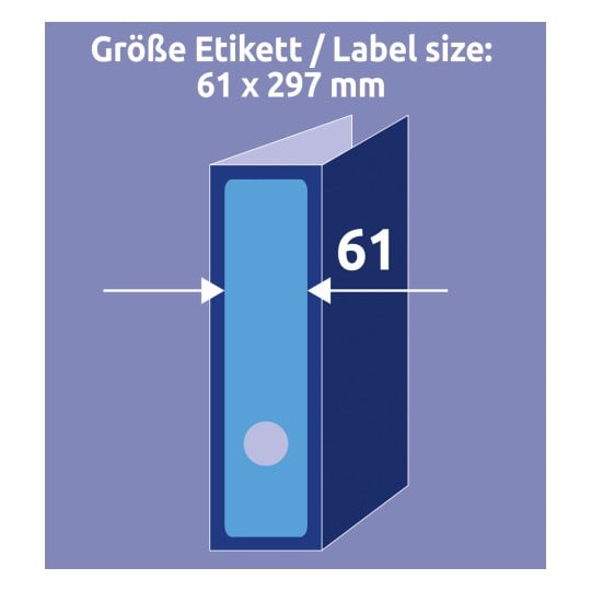Größenvergleich mit Hand, Artikel: L4753-20, ein Bogen Ordner-Etiketten, Format: 61 x 297 mm, Farbe: Blau