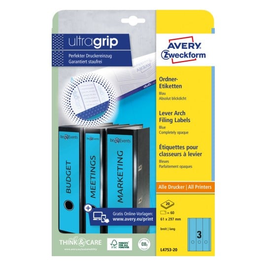 Packungsabbildung: Avery Zweckform Ordner-Etiketten, Artikel:  L4753-20, Format: 61 x 297 mm, Druckereignung: Inkjet,Laser s/w,Farblaser, Inhalt: 60 Etiketten / 20 Bögen, 3 Etiketten/Bogen