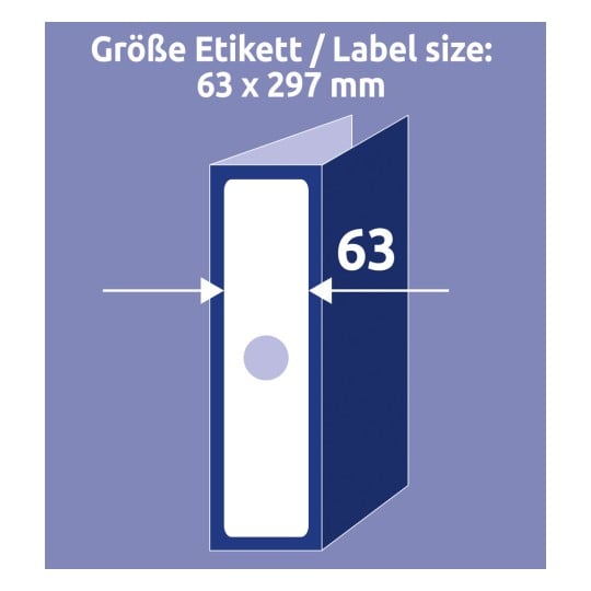 Größenvergleich mit Hand, Artikel: L4757-25, ein Bogen Hängeordner-Etiketten, Format: 63 x 297 mm, Farbe: Weiß