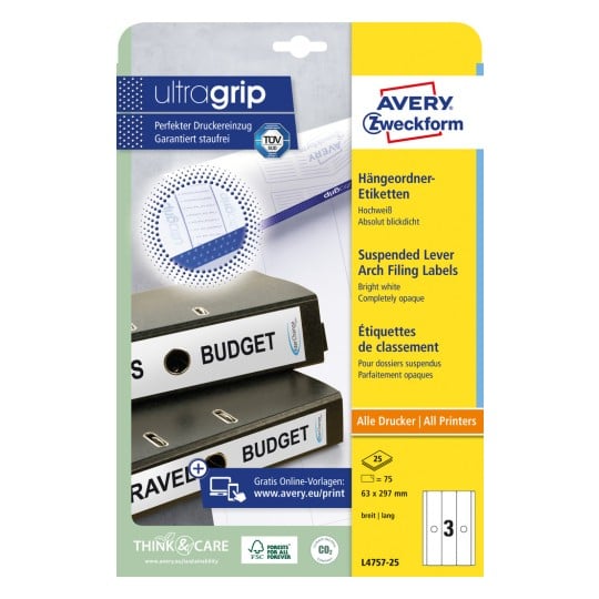 Packungsabbildung: Avery Zweckform Hängeordner-Etiketten, Artikel:  L4757-25, Format: 63 x 297 mm, Druckereignung: Inkjet,Laser s/w,Farblaser, Inhalt: 75 Etiketten / 25 Bögen, 3 Etiketten/Bogen