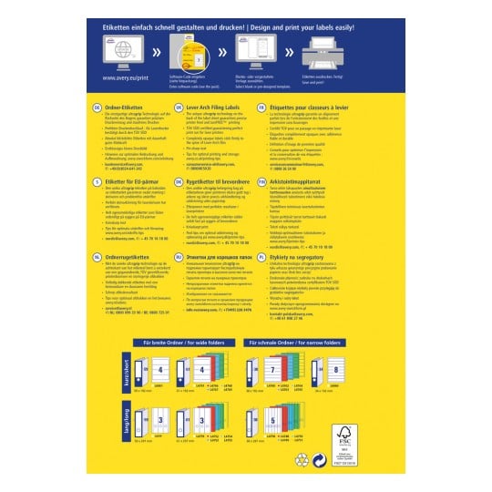 Eine Informationsgrafik über das Etikettendrucken, die Anweisungen und Anleitungen in mehreren Sprachen enthält und verschiedene Etikettentypen sowie Spezifikationen für Ablage und Lagerung erläutert.