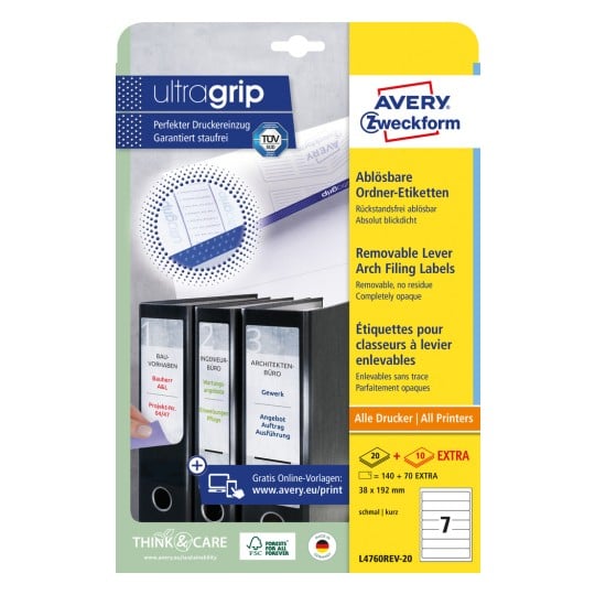 Packungsabbildung: Avery Zweckform Ordner-Etiketten, ablösbar, Artikel:  L4760REV-20, Format: 38 x 192 mm, Druckereignung: Inkjet,Laser s/w,Farblaser, Inhalt: 210 Etiketten / 30 Bögen, 7 Etiketten/Bogen