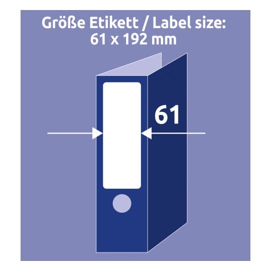 Größenvergleich mit Hand, Artikel: L4761REV-10, ein Bogen Ordner-Etiketten, ablösbar, Home Office, Kleinpackung, Format: 61 x 192 mm, Farbe: Weiß