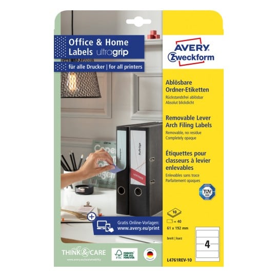 Packungsabbildung: Avery Zweckform Ordner-Etiketten, ablösbar, Artikel:  L4761REV-10, Format: 61 x 192 mm, Druckereignung: Inkjet,Laser s/w,Farblaser, Inhalt: 40 Etiketten / 10 Bögen, 4 Etiketten/Bogen