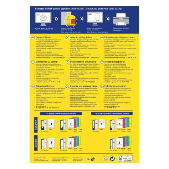 Ein Informationsflyer über Avery-Produkte zum Entwerfen und Drucken von Etiketten. Er enthält mehrsprachige Anleitungen und Produktcodes für verschiedene Etikettengrößen zum Organisieren von Ordnern.
