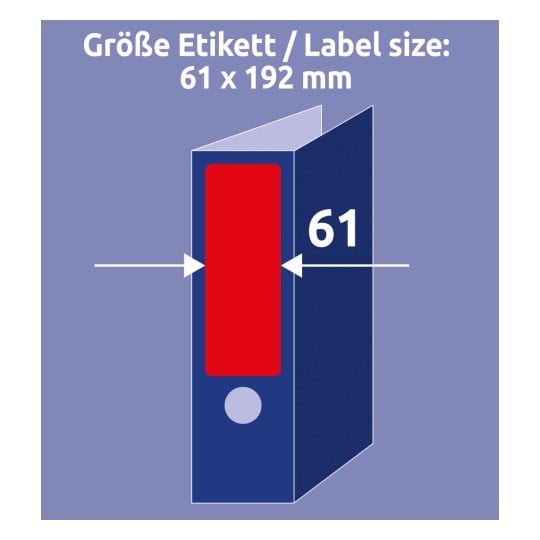 Größenvergleich mit Hand, Artikel: L4766-20, ein Bogen Ordner-Etiketten, Format: 61 x 192 mm, Farbe: Rot