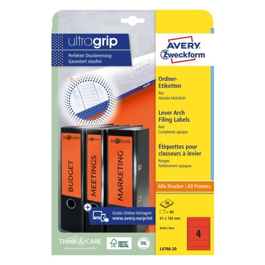 Packungsabbildung: Avery Zweckform Ordner-Etiketten, Artikel:  L4766-20, Format: 61 x 192 mm, Druckereignung: Inkjet,Laser s/w,Farblaser, Inhalt: 80 Etiketten / 20 Bögen, 4 Etiketten/Bogen