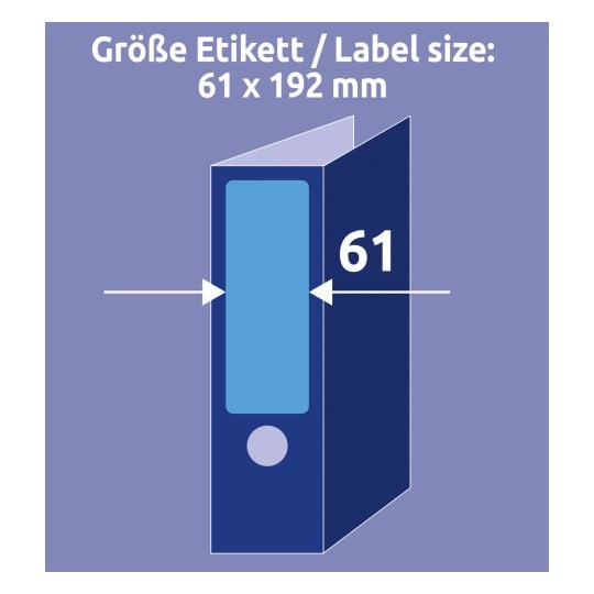 Größenvergleich mit Hand, Artikel: L4767-100, ein Bogen Ordner-Etiketten, Format: 61 x 192 mm, Farbe: Blau
