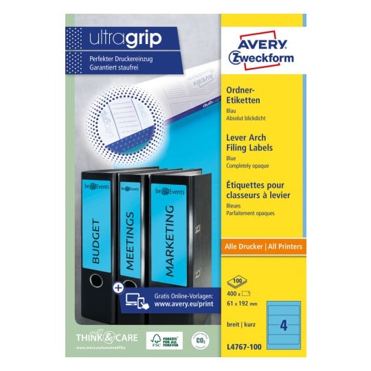 Packungsabbildung: Avery Zweckform Ordner-Etiketten, Artikel:  L4767-100, Format: 61 x 192 mm, Druckereignung: Inkjet,Laser s/w,Farblaser, Inhalt: 400 Etiketten / 100 Bögen, 4 Etiketten/Bogen