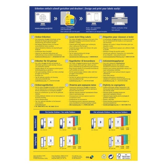 Das Bild ist ein Werbeflyer für Avery's Ablageetiketten, der Funktionen, Tipps und Kontaktinformationen in mehreren Sprachen enthält. Es umfasst visuelle Darstellungen von Etikettendesigns für verschiedene Ordnergrößen und betont einfaches Design und Drucken.