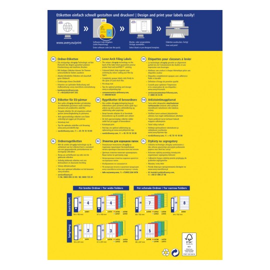 Das Bild zeigt eine farbenfrohe Werbung für Avery-Drucketiketten. Es enthält verschiedene Sprachen und Anleitungen zum Drucken und Verwenden von Etiketten zur Organisation, insbesondere für die Ablage in Ordnern. Visuelle Beispiele für Etikettengrößen sind unten zu sehen.