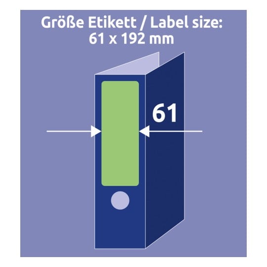 Größenvergleich mit Hand, Artikel: L4768-100, ein Bogen Ordner-Etiketten, Format: 61 x 192 mm, Farbe: Grün