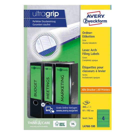 Packungsabbildung: Avery Zweckform Ordner-Etiketten, Artikel:  L4768-100, Format: 61 x 192 mm, Druckereignung: Inkjet,Laser s/w,Farblaser, Inhalt: 400 Etiketten / 100 Bögen, 4 Etiketten/Bogen