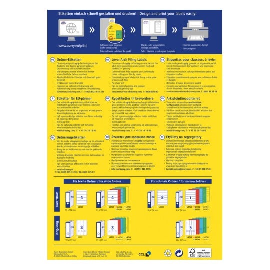 Das Bild ist eine Infografik über das Entwerfen und Drucken von Etiketten, die Anweisungen in mehreren Sprachen enthält, einschließlich Details über Etikettentypen für verschiedene Ordnergrößen und Tipps für die optimale Nutzung.