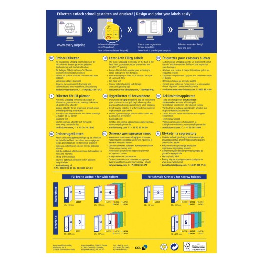 Das Bild ist eine informative Grafik über das Entwerfen und Drucken von Etiketten für Ordner mit Hebelmechanik. Es enthält verschiedene Abschnitte in mehreren Sprachen, die den Druckprozess, Tipps und verfügbare Etikettenformate erläutern, zusammen mit Kontaktinformationen für den Kundensupport.