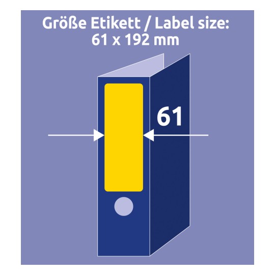 Größenvergleich mit Hand, Artikel: L4769-20, ein Bogen Ordner-Etiketten, Format: 61 x 192 mm, Farbe: Gelb