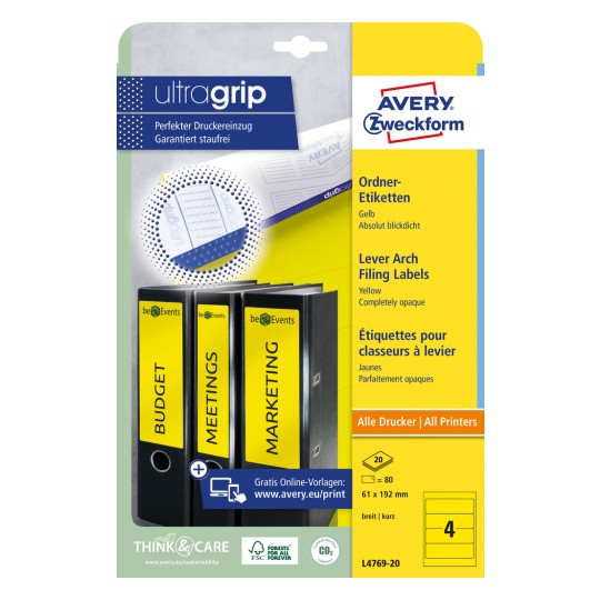 Packungsabbildung: Avery Zweckform Ordner-Etiketten, Artikel:  L4769-20, Format: 61 x 192 mm, Druckereignung: Inkjet,Laser s/w,Farblaser, Inhalt: 80 Etiketten / 20 Bögen, 4 Etiketten/Bogen