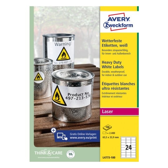 Packungsabbildung: Avery Zweckform Wetterfeste Folien-Etiketten für Laserdrucker, Artikel:  L4773-100, Format: 63,5 x 33,9 mm, Druckereignung: Laser s/w,Farblaser, Inhalt: 2.400 Etiketten / 100 Bögen, 24 Etiketten/Bogen