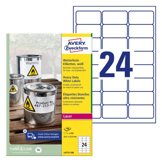 Packungsabbildung mit Etikettenbogen: Avery Zweckform Wetterfeste Folien-Etiketten, Artikel: L4773-100, Format: 63,5 x 33,9 mm, Druckereignung: Laser s/w,Farblaser, Inhalt: 2.400 Etiketten / 100 Bögen, 24 Etiketten/Bogen
