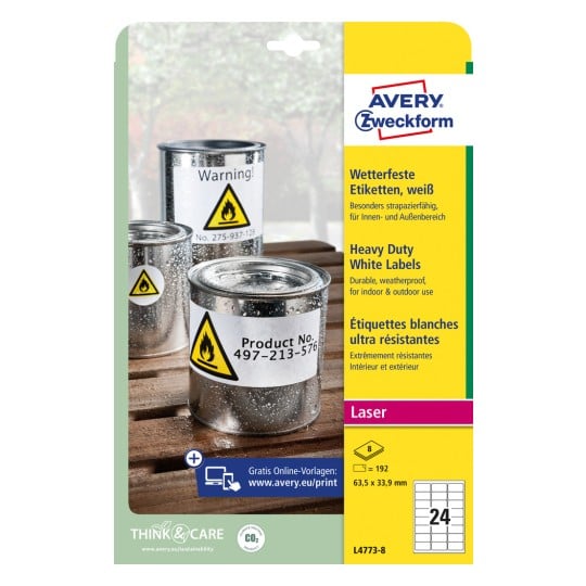 Packungsabbildung: Avery Zweckform Wetterfeste Folien-Etiketten für Laserdrucker, Artikel:  L4773-8, Format: 63,5 x 33,9 mm, Druckereignung: Laser s/w,Farblaser, Inhalt: 192 Etiketten / 8 Bögen, 24 Etiketten/Bogen