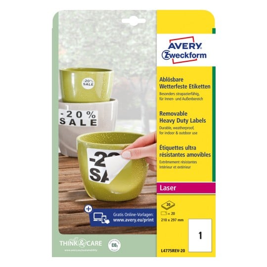 Packungsabbildung: Avery Zweckform Wetterfeste Folien-Etiketten, ablösbar, Artikel:  L4775REV-20, Format: 210 x 297 mm, Druckereignung: Laser s/w,Farblaser, Inhalt: 20 Etiketten / 20 Bögen, 1 Etiketten/Bogen