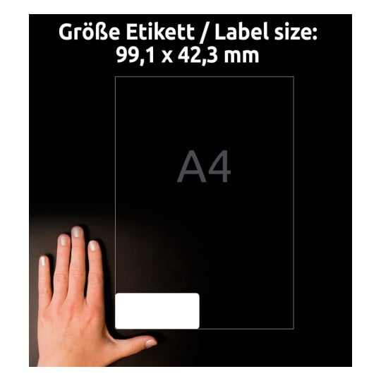 Größenvergleich mit Hand, Artikel: L4776-20, ein Bogen Wetterfeste Folien-Etiketten, Format: 99,1 x 42,3 mm, Farbe: Weiß