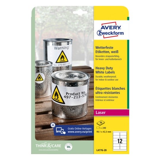 Packungsabbildung: Avery Zweckform Wetterfeste Folien-Etiketten für Laserdrucker, Artikel:  L4776-20, Format: 99,1 x 42,3 mm, Druckereignung: Laser s/w,Farblaser, Inhalt: 240 Etiketten / 20 Bögen, 12 Etiketten/Bogen