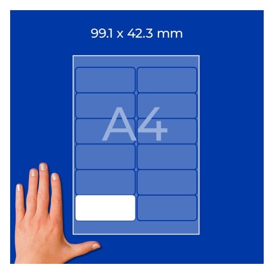 Hand neben einem A4-Blatt-Mockup mit einem 99,1 × 42,3 mm Etikett und rechteckigem Aufkleber-Layout?