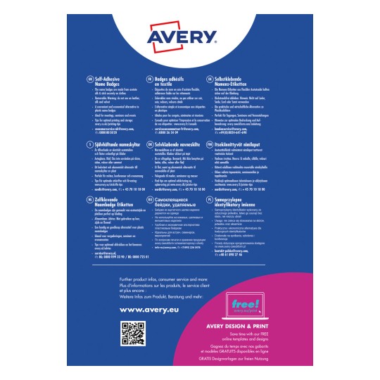 Das Bild zeigt verschiedene selbstklebende Namensschildoptionen von Avery, einschließlich Anleitungen und Tipps in mehreren Sprachen sowie Kundendienst-Kontaktinformationen. Es betont deren Nützlichkeit für Meetings und Veranstaltungen sowie Merkmale wie Abnehmbarkeit und eine Alternative zu Plastikschilden.