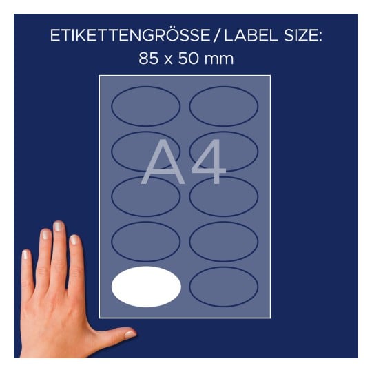 Größenvergleich mit Hand, Artikel: L4882-20, ein Bogen Namens-Etiketten, Format: 85 x 50 mm, Farbe: Weiß