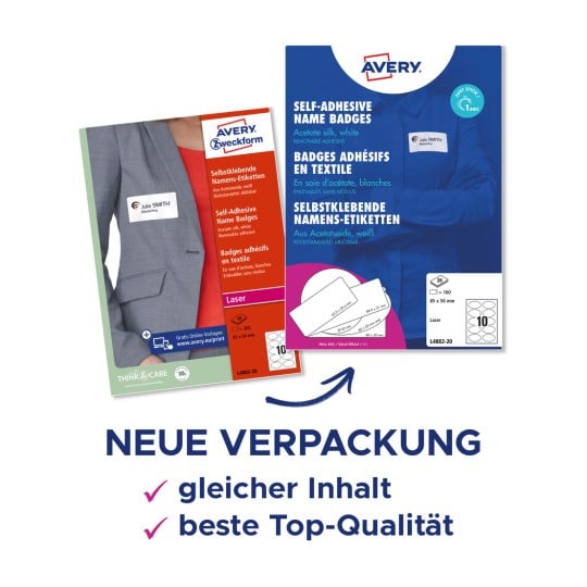 Das Bild zeigt Packungen von selbstklebenden Namensschildern von Avery. Sie werden nebeneinander dargestellt und heben Merkmale wie ablösbaren Klebstoff und die Möglichkeit des Laserdrucks hervor. Die Verpackung enthält sowohl deutschen als auch englischen Text.