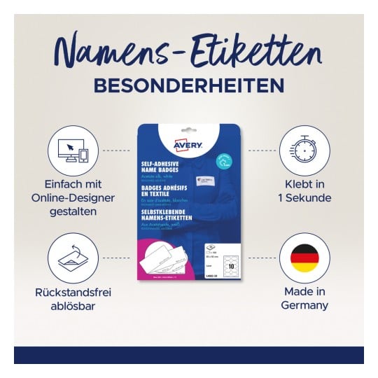 Das Bild zeigt eine Produktverpackung für selbstklebende Namensschilder von Avery. Es hebt Eigenschaften hervor wie ein einfaches Design mit einem Online-Tool, schnelle Haftung in einer Sekunde und dass die Etiketten ablösbar und in Deutschland hergestellt sind.