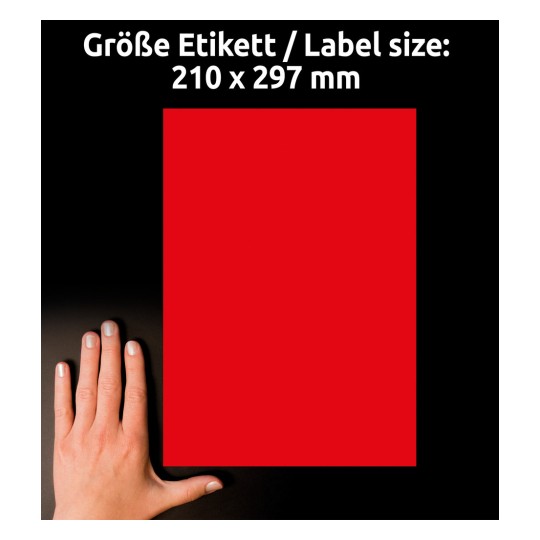 Größenvergleich mit Hand, Artikel: L6005-25, ein Bogen Etiketten in Sonderfarben, Format: 210 x 297 mm, Farbe: neonrot
