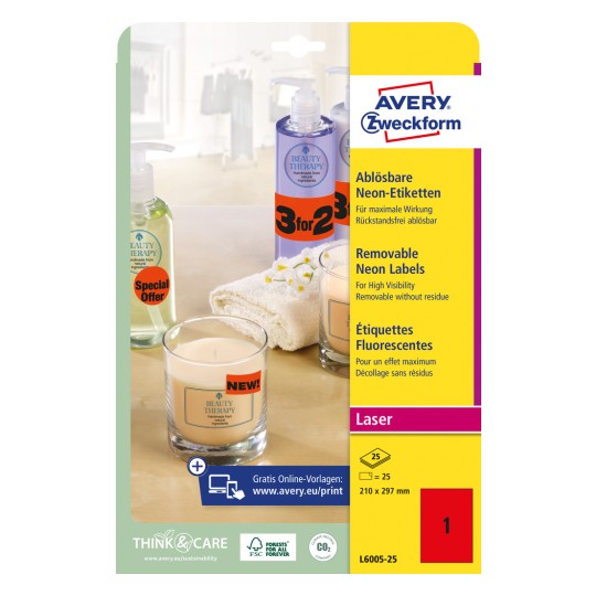 Packungsabbildung: Avery Zweckform Neon-Etiketten, Artikel:  L6005-25, Format: 210 x 297 mm, Druckereignung: Laser s/w,Farblaser, Inhalt: 25 Etiketten / 25 Bögen, 1 Etiketten/Bogen